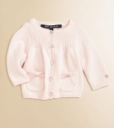 A charming layer with playful bows on the front and back.Ribbed crewneckButton frontLong sleeves with ribbed cuffsPatch side pocketsBack bow detailRibbed hem94% cotton/6% angoraMachine washImported Please note: Number of buttons may vary depending on size ordered. 