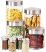 Arrange. Organize. Preserve. This set of airtight canisters and spice jars have a sleek design and fresh functionality, helping loose food look better and lasts longer on the counter or in the cabinets.