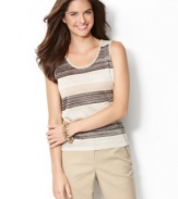 This easy tank top features colorblocking with a sparkly touch, thanks to metallic space-dyed knit. Pair it with anything from khakis to jeans for casual style with a kick! (Clearance)