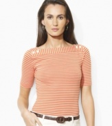 Finished with button detailing at the shoulders, Lauren by Ralph Lauren's boatneck top is crafted from striped cotton for a nautical look.