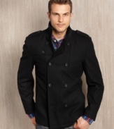 Bundle up in comfort and cool style with this double-breasted, wind-resistant pea coat from Guess.