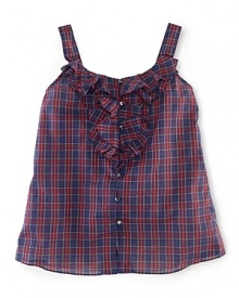 The classic plaid tank in crisp, lightweight cotton is accented with a girlie ruffle-trimmed placket, sure to put a little prep in her step.