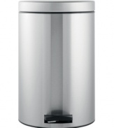 Put the pedal to the metal. This trash can features a patented soft-touch closure that lets the lid open smoothly and silently with just a gentle push of the pedal. The all-steel design has a fingerprint-proof finish to help your kitchen shine brighter with less effort. 10-year warranty.