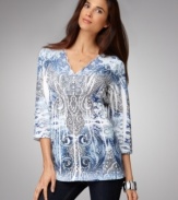 Intricate prints layer and loop around One World's tunic, while scalloped lace trim adds a for a romantic and totally unique look!