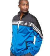 Warming up, cooling down or just taking it easy. No matter what your activities you'll be stylish and comfortable in this two-tone tricot track jacket from adidas.