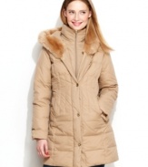 Larry Levine uses layering to create a snug, cozy coat with a luxe touch -- the faux-fur-trimmed hood!