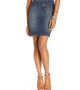 Levi's slim denim skirt features a weathered wash for vintage appeal.