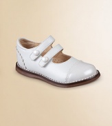 A classic silhouette with a scalloped-trim patent toe and heel and a double strap closure with decorative buttons for sweet style. Double grip-tape closure Leather upper with synthetic details Rubber sole Padded insole Leather lining ImportedPlease note: It is recommended that you order a ½ size smaller than measured. If your child measures a size 7.0, you may want to order a 6½. 