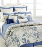 On cloud nine. Rest upon a bed of flowers with this 5th & Bloom comforter set, boasting an oversized floral silhouette design in serene blue and ivory colors. Solid-colored elements and five decorative pillows with distinct textures and designs complete this soothing ensemble.