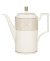 Dressed in a fine diamond grid of bronze and warm taupe, this coffee server is tailored for formal dining and everyday elegance. A hooked handle architects a unique silhouette to enhance more classic bone china essentials.