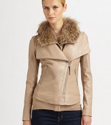 Topped with a natural Asiatic raccoon fur collar, this buttery leather jacket features a fashion-forward asymmetrical zipper and slash pockets.Fur-trimmed collarAsymmetrical zipperZipper slash pocketsIntricate seamsFully linedAbout 22 from shoulder to hemBody: leatherCombo: 52% wool/48% acrylicDry clean by fur and leather specialistImportedFur origin: Finland Model shown is 5'11 (180cm) wearing US size Small. 