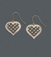 Embrace your feminine side with these flirty heart charm earrings. Crafted in 14k gold, earrings feature an intricate filigree design. Approximate drop: 7/8 inch.