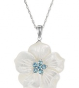 Say it with a flower. This sterling silver necklace, with white mother of pearl (30 mm) and round-cut blue topaz (7/8 ct. t.w.), makes an elegant statement. Approximate length: 18 inches. Approximate drop: 1-1/2 inches.