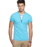 Consider your summer style complete with this combo zip-and-button closure t-shirt from Bar III.