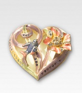 An absolutely stunning heirloom trinket box, handcrafted in 10K goldplated pewter with a tiny bird resting upon a Swarovski crystal-encrusted floral heart. Swarovski crystals 10K goldplated pewter 2W X 1¼H X 2D Made in USA 