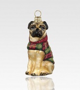 A captivating pug in preppy plaid sparkles in his glittery garb, wonderfully detailed in mouth-blown, hand-painted glass.Glass2.75H X 1.25W X 1DImported