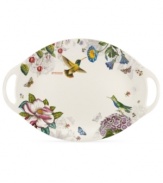 A fresh take on Portmeirion's beloved Botanic Garden pattern, the Botanic Hummingbird platter combines colorful wildlife and muted blooms on modern porcelain with integrated handles.