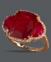 You've never seen crimson this chic! Effy Collection's knockout cocktail ring features a large, faceted ruby gemstone (12-5/8 ct. t.w.) edged by a round-cut diamond halo and diamonds at the shoulders (3/8 ct. t.w.). Set in 14k rose gold.