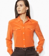 Inspired by rugged safari looks, this Lauren by Ralph Lauren shirt is updated for chic femininity in airy, fluid silk.