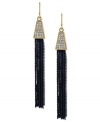 The tassels are well worth it. These earrings from Vince Camuto feature black painted chain tassels underneath a top crafted from gold-tone mixed metal with crystal pave accents adding luster. Approximate drop: 3-1/2 inches.