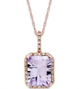 Richly colored with faceted details, this fun pendant showcases an emerald-cut pink amethyst (2-1/2 ct. t.w.) edged by sparkling diamonds (1/10 ct. t.w.). Set in 10k rose gold. Approximate length: 18 inches. Approximate drop: 3/4 inch.