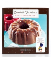 Everything you need to savor the deep, dark flavor of the chocolate decadence cake is in one box.  Simply prepare the mix in the nonstick bundt pan and indulge in a deeply sinful cake cooked to perfection by the heavy cast aluminum of the pan. 5-year warranty.