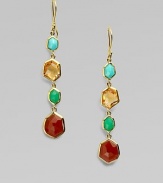 From the Modern Rock Candy® Collection. A simply chic design with a mix of turquoise, orange citrine, chrysoprase and dyed red agate set in an 18k gold drop style. Turquoise, orange citrine, chrysoprase and dyed red agate18k goldDrop, about 2¼Hook backImported 