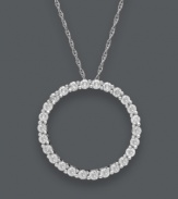 Classically cool and completely chic. This stunning pendant creates a timeless look with it's contemporary open-cut circle design. Crafted in 14k white gold with a seamless row of sparkling, round-cut diamonds (1/4 ct. t.w.). Approximate length: 18 inches. Approximate drop: 3/4 inches.