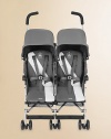 An all purpose, stylish and lightweight buggy for two with a high-performance aluminum frame and carry handle for easy storage and portability.Five second one-hand compact umbrella foldWeighs about 23 poundsMultiple seat position reclineRemovable