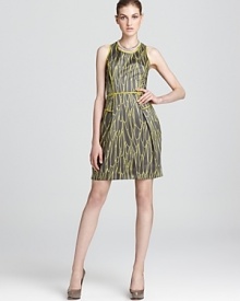 An artsy scribble print adorns this structured Milly dress. Contrast piping adds extra pop.