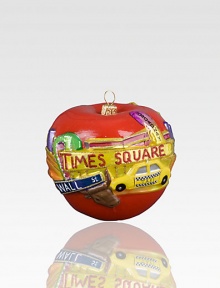 The streets of New York come alive in a big apple ornament carefully handpainted in mouthblown Pyrex glass. Makes a thoughtful gift 3W X 3H Imported