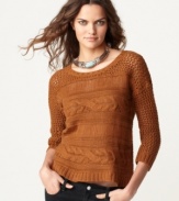 Mixed open-stitch and cable knits add deconstructed edge to this Kensie sweater for a look that's anything but ordinary!