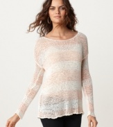 In a sheer open-stitch knit, this Kensie striped sweater is perfect for a relaxed model-off-duty look!