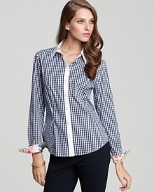 Crafted in a gingham pattern that's borrowed from the boys, this BASLER checked shirt is styled from a feminine perspective with shaping darts and sweet floral-lined cuffs.