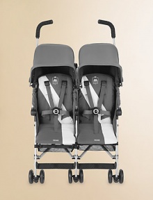 An all purpose, stylish and lightweight buggy for two with a high-performance aluminum frame and carry handle for easy storage and portability.Five second one-hand compact umbrella foldWeighs about 23 poundsMultiple seat position reclineRemovable