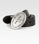 Textured woven design with engraved logo shield buckle. About 1½ wide Made in Italy