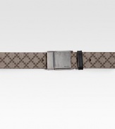 Diamante fabric with leather trim and rectangular buckle.Dark palladium hardwareAbout 1½ wideMade in Italy