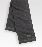 A brilliant combination of luxury and lighthearted style, a camel hair-wool scarf with a dinosaur design.50% camel hair/50% woolAbout 13 X 42Dry cleanMade in Italy