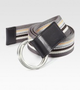 An eye-catching design of bold, multi-striped canvas and leather.PolyesterAbout 1½ wideImported