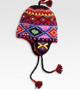 Warm and colorful wool hat covers the ears for maximum warmth.Tassel trim on top and tiesWoolDry cleanImported