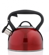 Better off red. Stunning & attention-grabbing, this sleek, statement-making tea kettle adds a punchy accent to your range and makes grabbing a spot of tea simply charming. The 2-quart capacity is perfect for hosting and parties, plus with a whistle to signal boiling, this kettle keeps your tea on time.