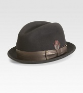 A dapper wool and leather hat accented with a feather. WoolLeather accentBrim, about 1½Spot cleanImported