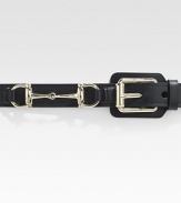 Square buckle with horsebit detail on a leather strap. Light gold hardware About 1 wide Made in Italy 