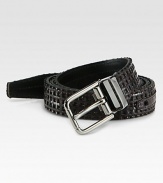 Handsomely woven calfskin leather accented by a smooth metal buckle.Metal buckleAbout 1 wideMade in Italy