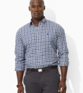 A contemporary plaid pattern accents a rugged long-sleeved sport shirt, cut for a relaxed, classic fit from soft, lightweight cotton broadcloth. (Clearance)