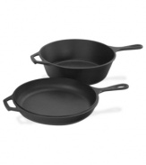 A winning combination. This made-in-the-USA cooker set wow as a deep skillet; add the lid & it is a covered Dutch oven; take the lid off and you have a deep skillet and a shallow skillet-the possibilities are endless! The two pieces are crafted from pre-seasoned cast iron that is ready to use right out of the box and gets better with each & every use.