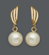 Polished pearls with vintage flair. These elegant earrings feature cultured freshwater pearls (7-1/2-8 mm) suspended from a timeless 14k gold setting. Approximate drop: 7/8 inch.