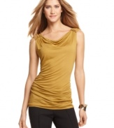 A cowl neckline and allover ruching adds a soft drape to this T Tahari top -- a versatile wardrobe piece!