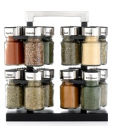 Stock your kitchen with all of the spices and seasonings every chef needs. Fitting neatly onto the countertop, the revolving stainless rack holds sealed jars with the name of the spice written on the top for easy access in a moment's notice.