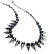 Look sharp with this necklace from Bar III. Crafted from hematite-tone mixed metal, the necklace is adorned with spikes and black glass crystals for a bit of fashion on the edge. Approximate length: 16 inches + 2-inch extender.